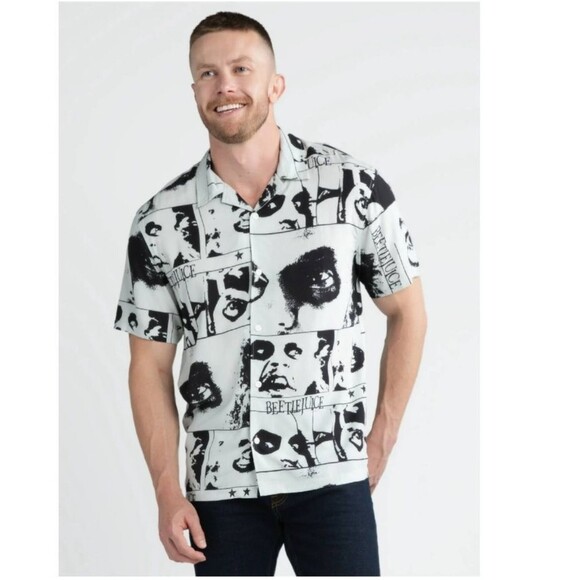 Beetlejuice Print Men's Lightweight Rayon Button Up Shirt  Size XL  NWT - Picture 1 of 11